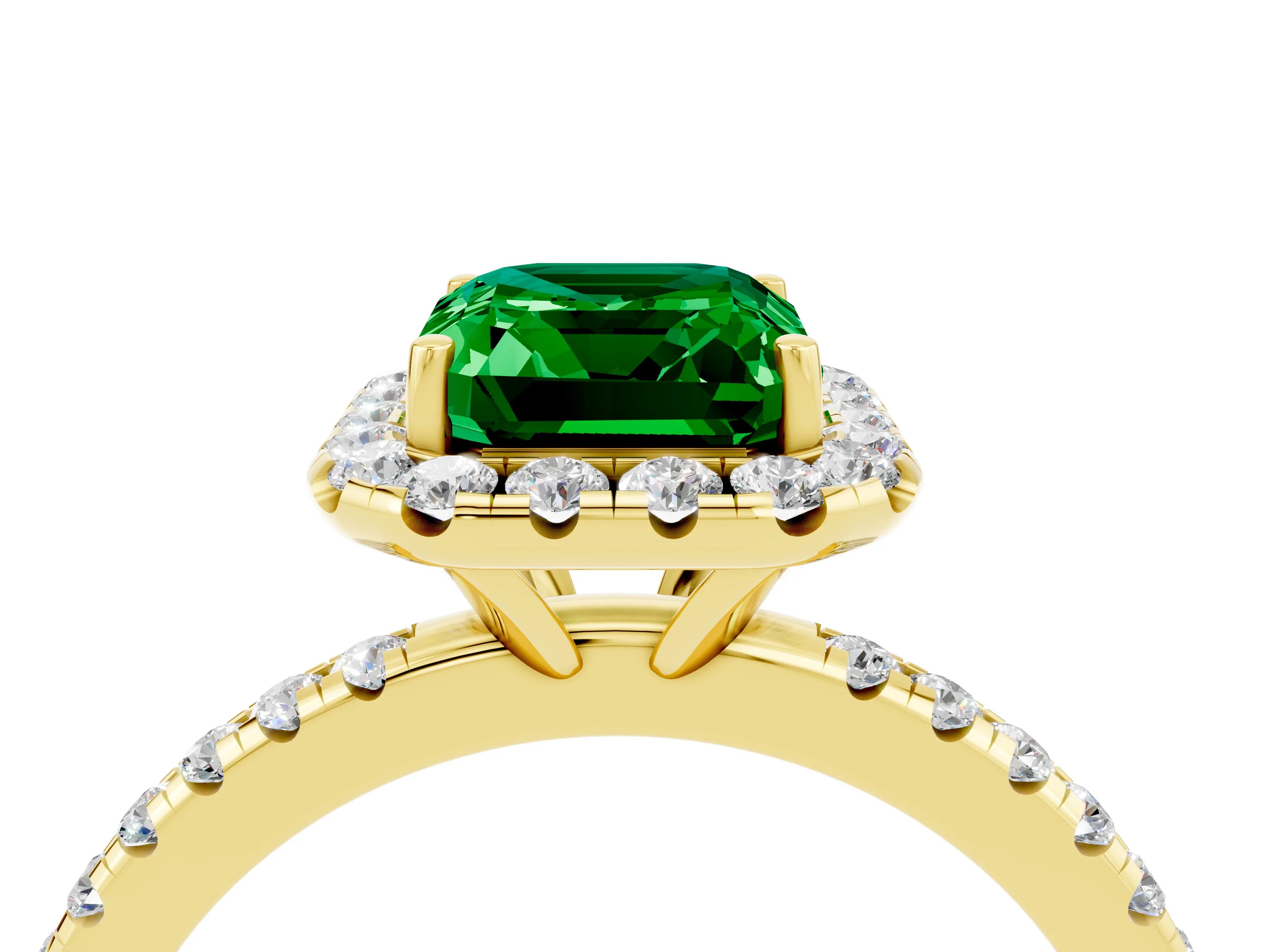 Yellow gold Emerald Cut Halo Round Diamond Pavé Band Four-Prong Ring_4