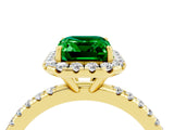 Yellow gold Emerald Cut Halo Round Diamond Pavé Band Four-Prong Ring_4