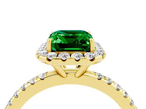 Yellow gold Emerald Cut Halo Round Diamond Pavé Band Four-Prong Ring_4