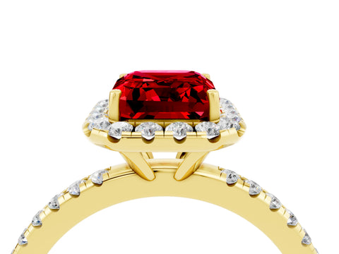 Yellow gold Emerald Cut Halo Round Diamond Pavé Band Four-Prong Ring_4