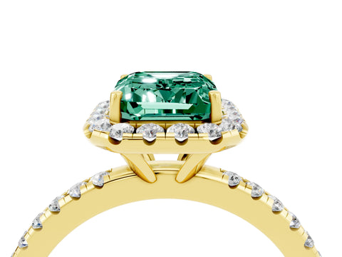 Yellow gold Emerald Cut Halo Round Diamond Pavé Band Four-Prong Ring_4