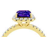 Yellow gold Emerald Cut Halo Round Diamond Pavé Band Four-Prong Ring_4