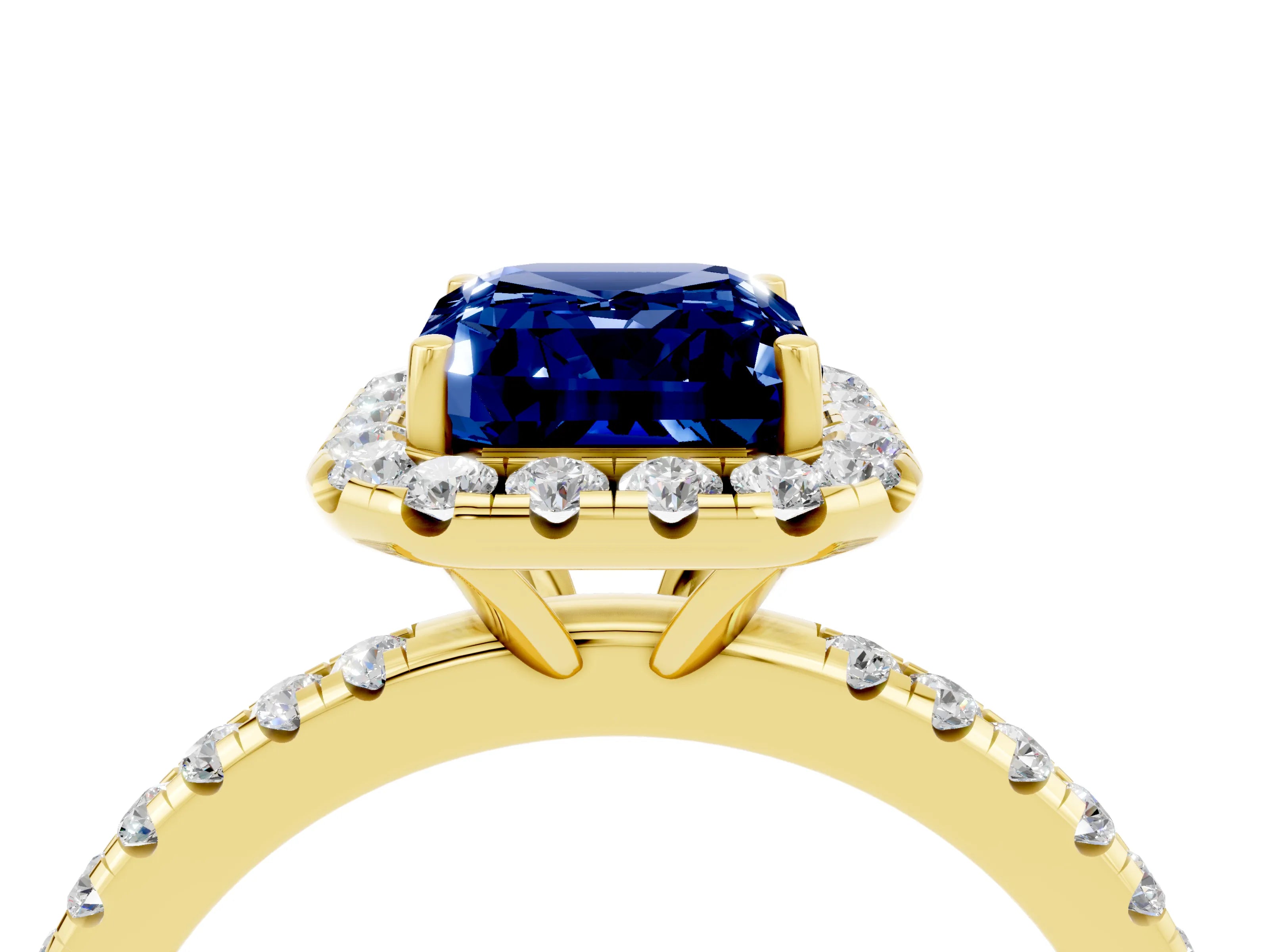 Yellow gold Emerald Cut Halo Round Diamond Pavé Band Four-Prong Ring_4