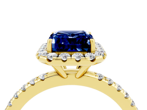Yellow gold Emerald Cut Halo Round Diamond Pavé Band Four-Prong Ring_4