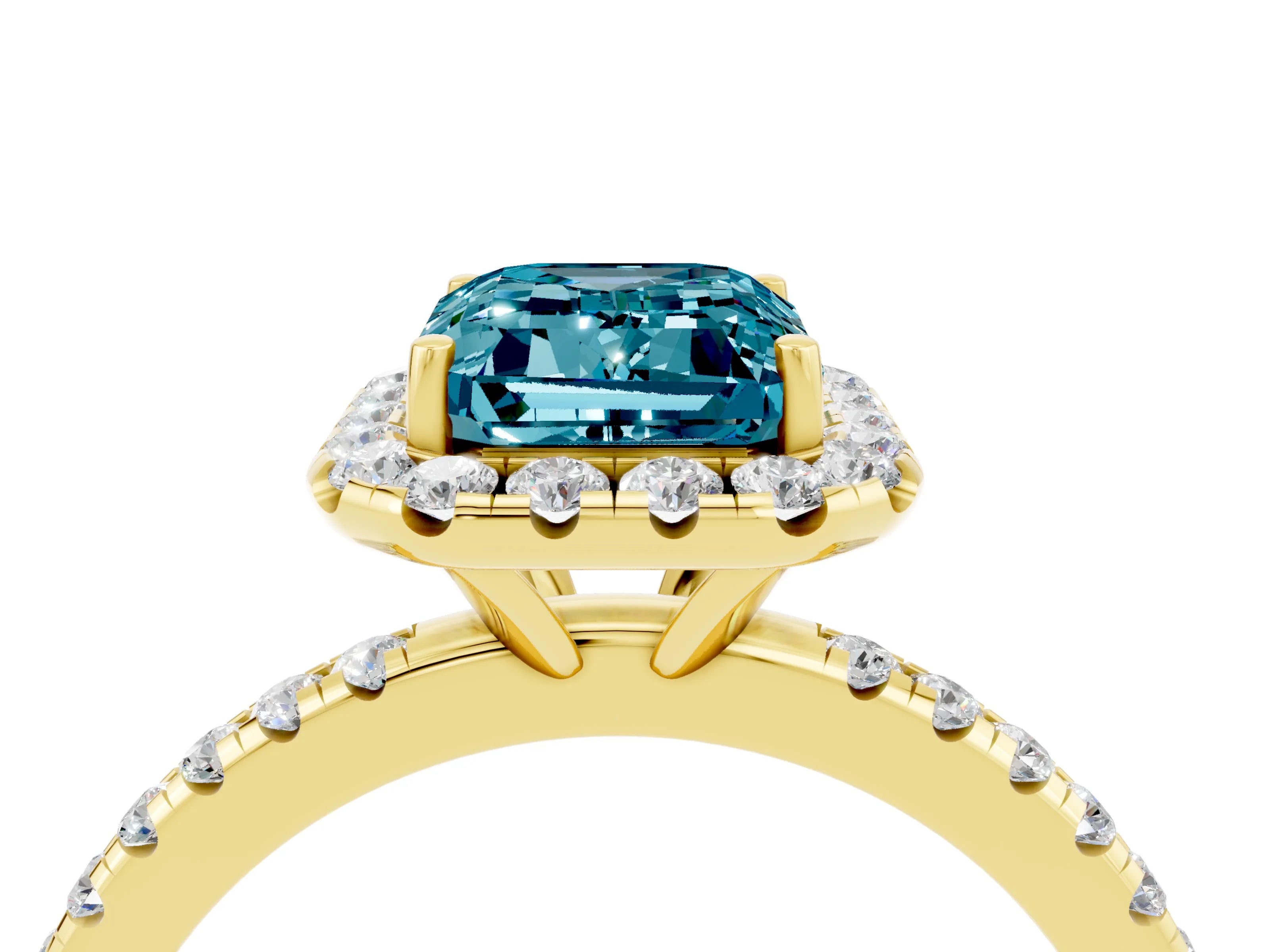 Yellow gold Emerald Cut Halo Round Diamond Pavé Band Four-Prong Ring_4