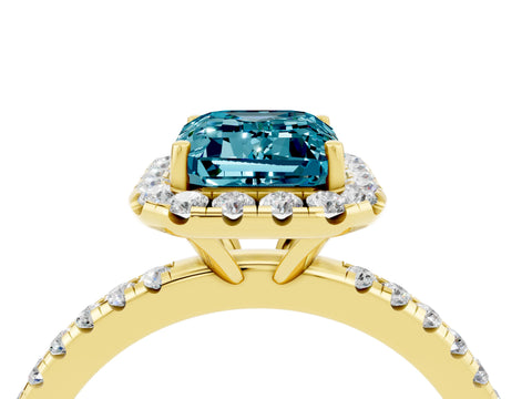 Yellow gold Emerald Cut Halo Round Diamond Pavé Band Four-Prong Ring_4