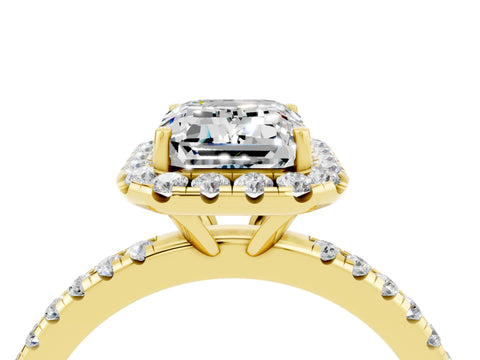 Yellow gold Emerald Cut Halo Round Diamond Pavé Band Four-Prong Ring_4