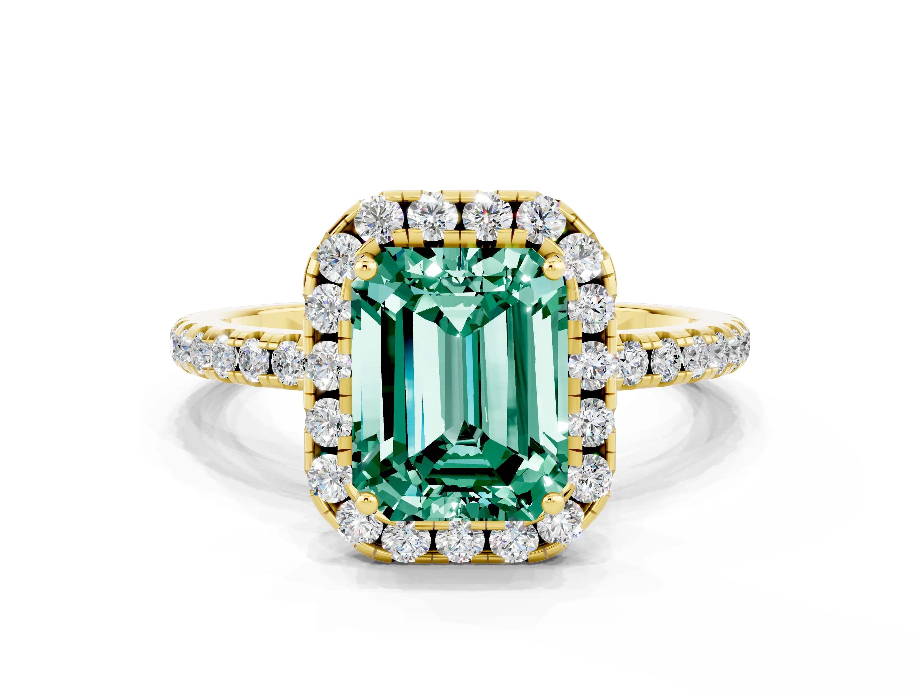 Yellow gold Emerald Cut Halo Round Diamond Pavé Band Four-Prong Ring
