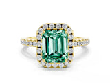 Yellow gold Emerald Cut Halo Round Diamond Pavé Band Four-Prong Ring