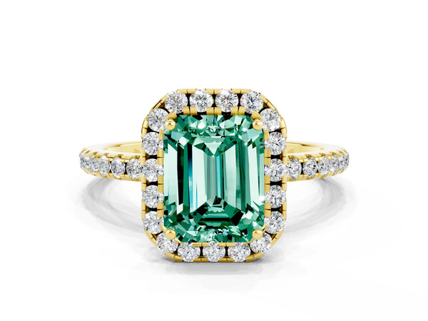 Yellow gold Emerald Cut Green Sapphire Halo Ring with Round Pavé Band and Prong Setting