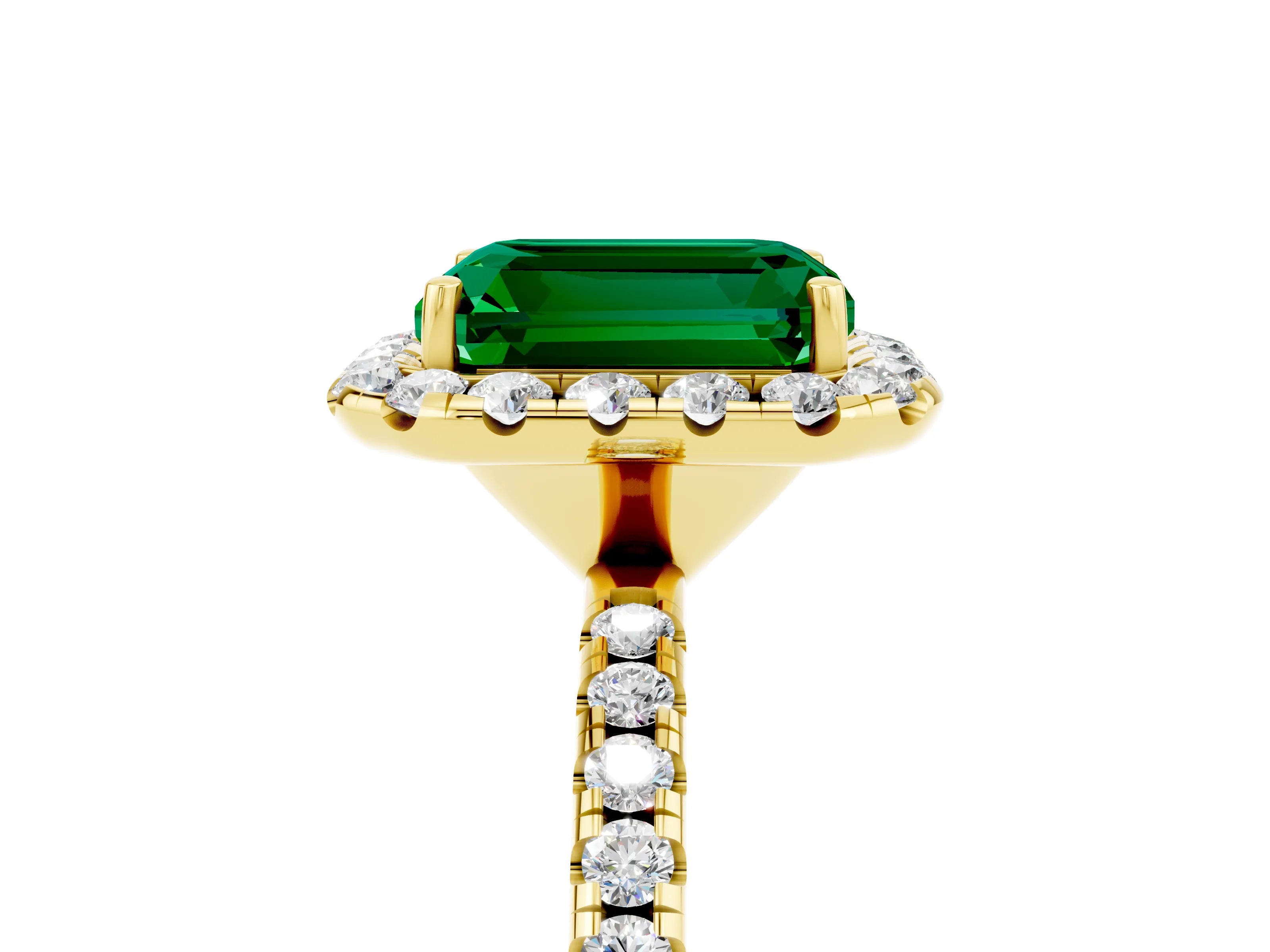 Yellow gold Emerald Cut Halo Round Diamond Pavé Band Four-Prong Ring_5