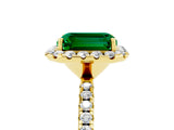 Yellow gold Emerald Cut Halo Round Diamond Pavé Band Four-Prong Ring_5