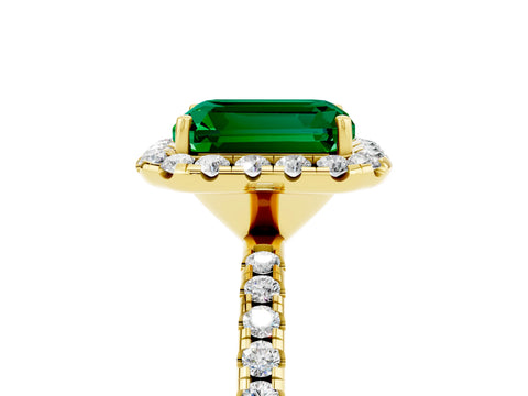 Yellow gold Emerald Cut Halo Round Diamond Pavé Band Four-Prong Ring_5