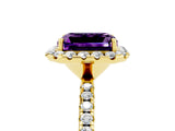 Yellow gold Emerald Cut Halo Round Diamond Pavé Band Four-Prong Ring_5