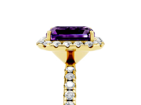Yellow gold Emerald Cut Halo Round Diamond Pavé Band Four-Prong Ring_5