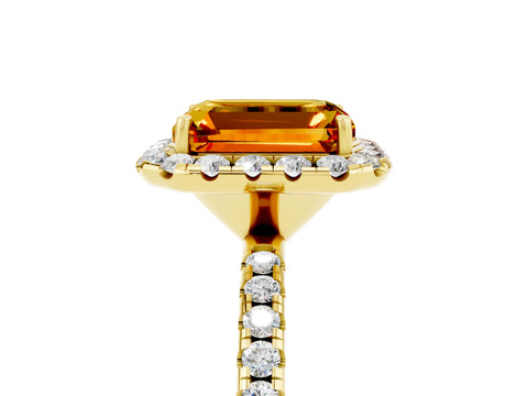 Yellow gold Emerald Cut Halo Round Diamond Pavé Band Four-Prong Ring_5