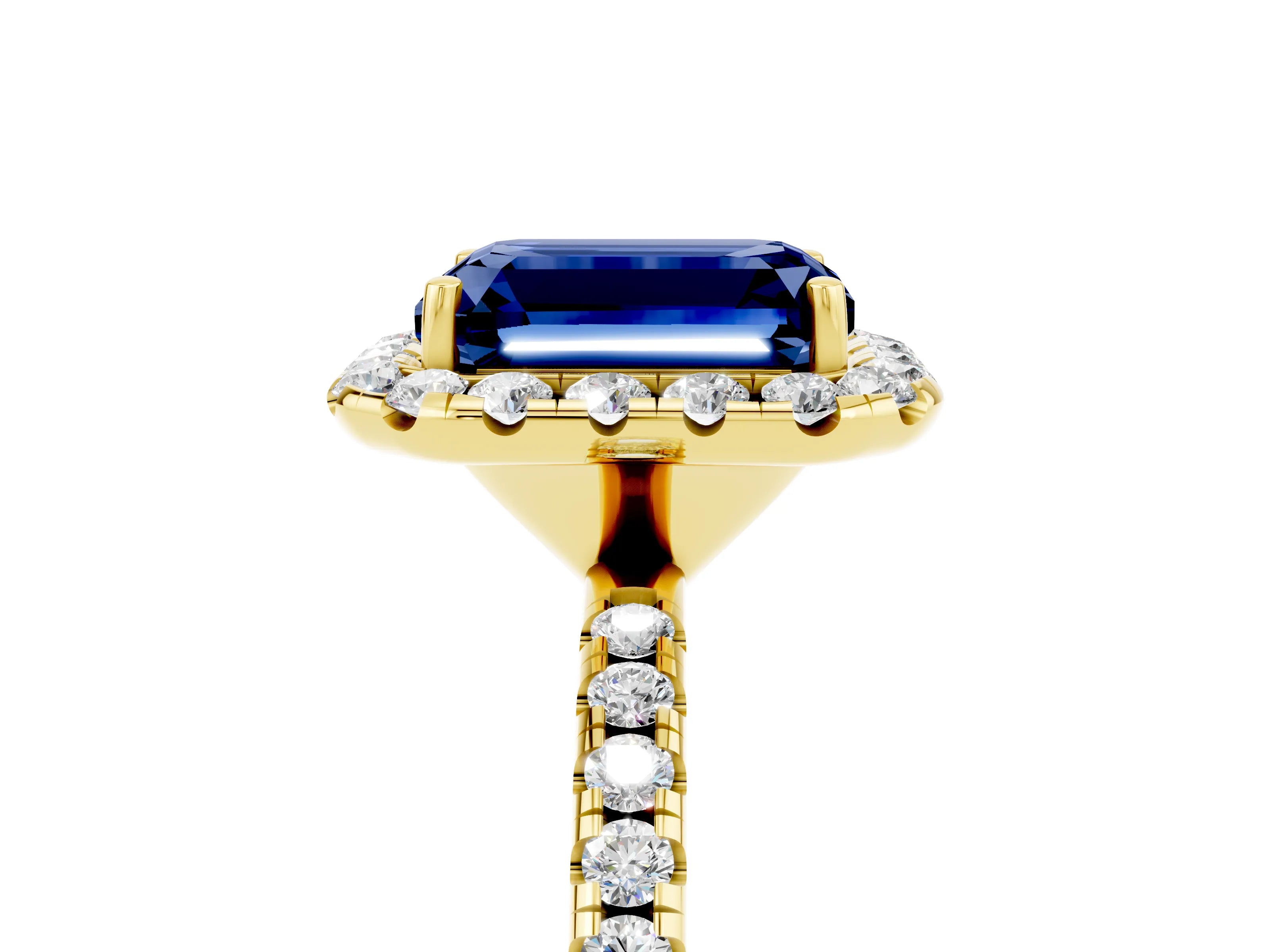 Yellow gold Emerald Cut Halo Round Diamond Pavé Band Four-Prong Ring_5