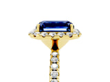 Yellow gold Emerald Cut Halo Round Diamond Pavé Band Four-Prong Ring_5