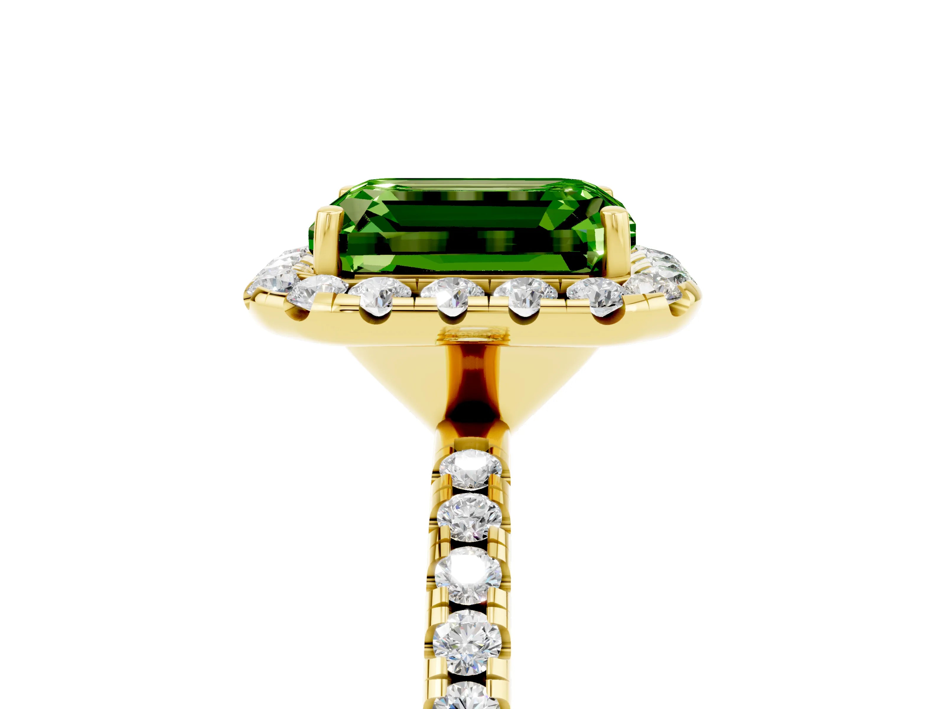 Yellow gold Emerald Cut Halo Round Diamond Pavé Band Four-Prong Ring_5