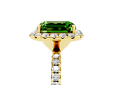 Yellow gold Emerald Cut Halo Round Diamond Pavé Band Four-Prong Ring_5