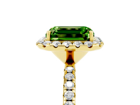 Yellow gold Emerald Cut Halo Round Diamond Pavé Band Four-Prong Ring_5