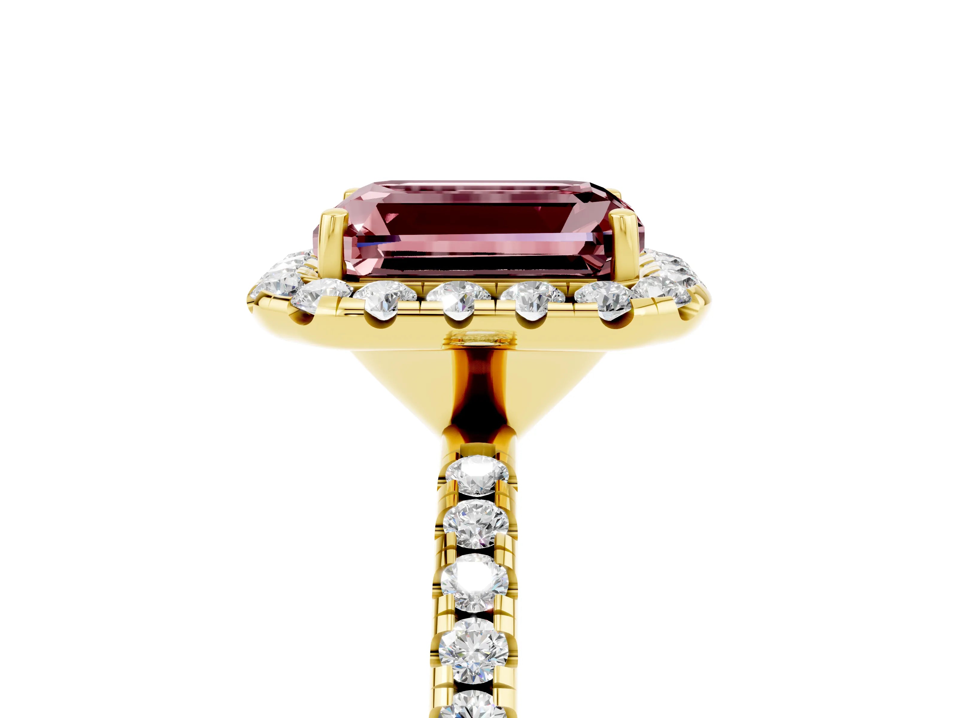 Yellow gold Emerald Cut Halo Round Diamond Pavé Band Four-Prong Ring_5