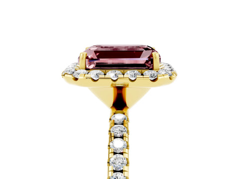 Yellow gold Emerald Cut Halo Round Diamond Pavé Band Four-Prong Ring_5