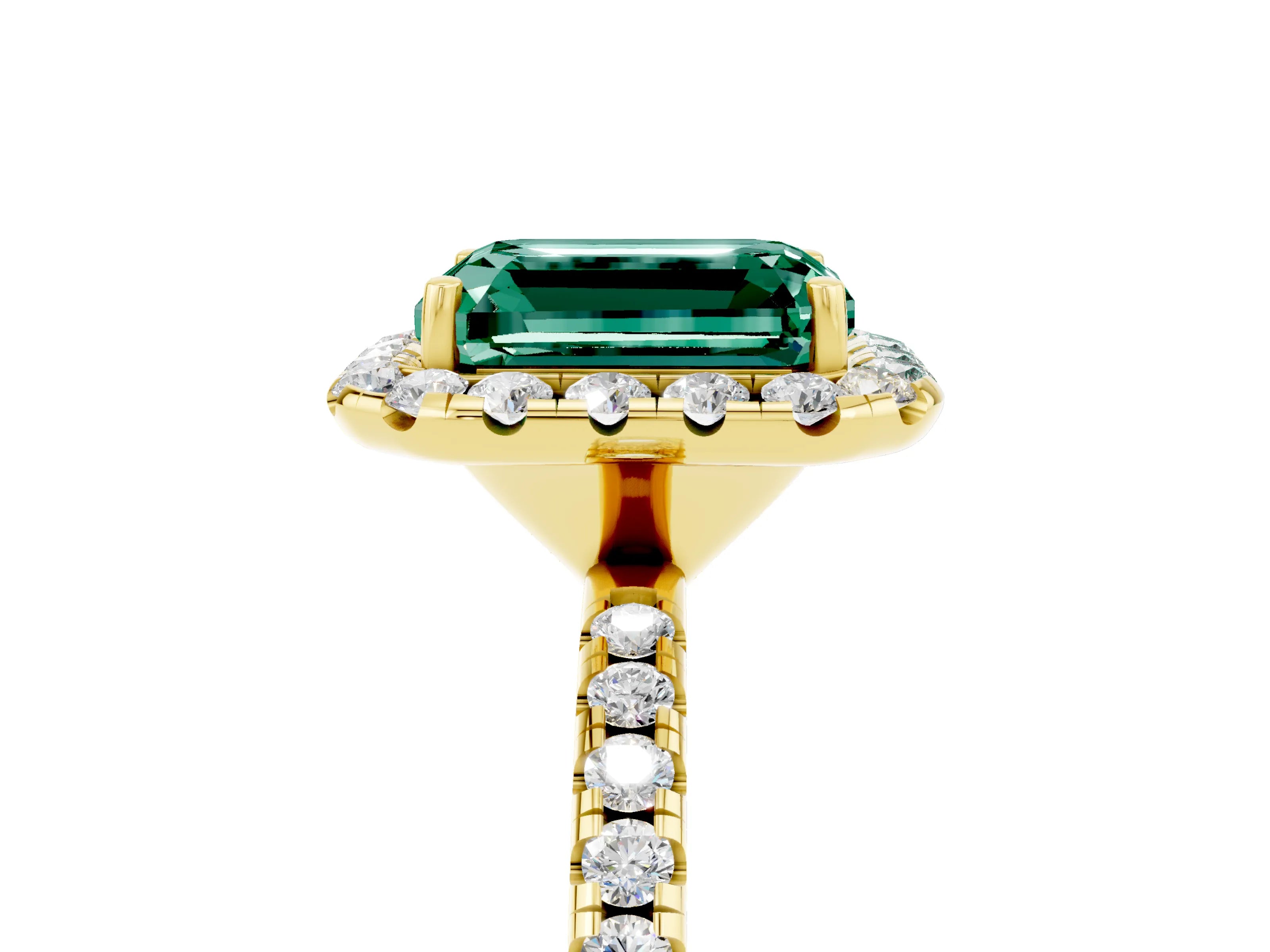 Yellow gold Emerald Cut Halo Round Diamond Pavé Band Four-Prong Ring_5