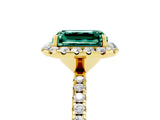 Yellow gold Emerald Cut Halo Round Diamond Pavé Band Four-Prong Ring_5