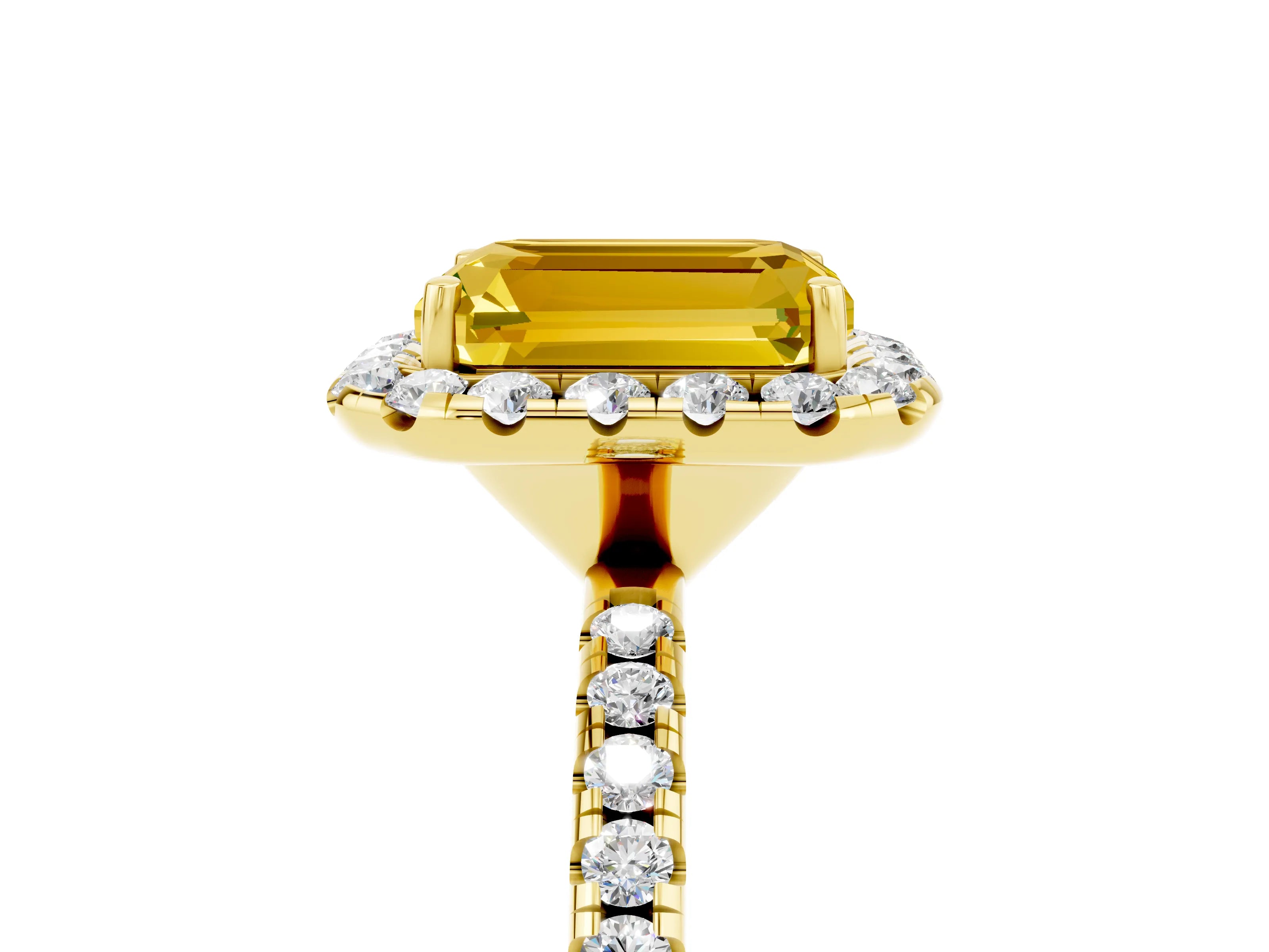 Yellow gold Emerald Cut Halo Round Diamond Pavé Band Four-Prong Ring_5