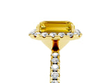 Yellow gold Emerald Cut Halo Round Diamond Pavé Band Four-Prong Ring_5