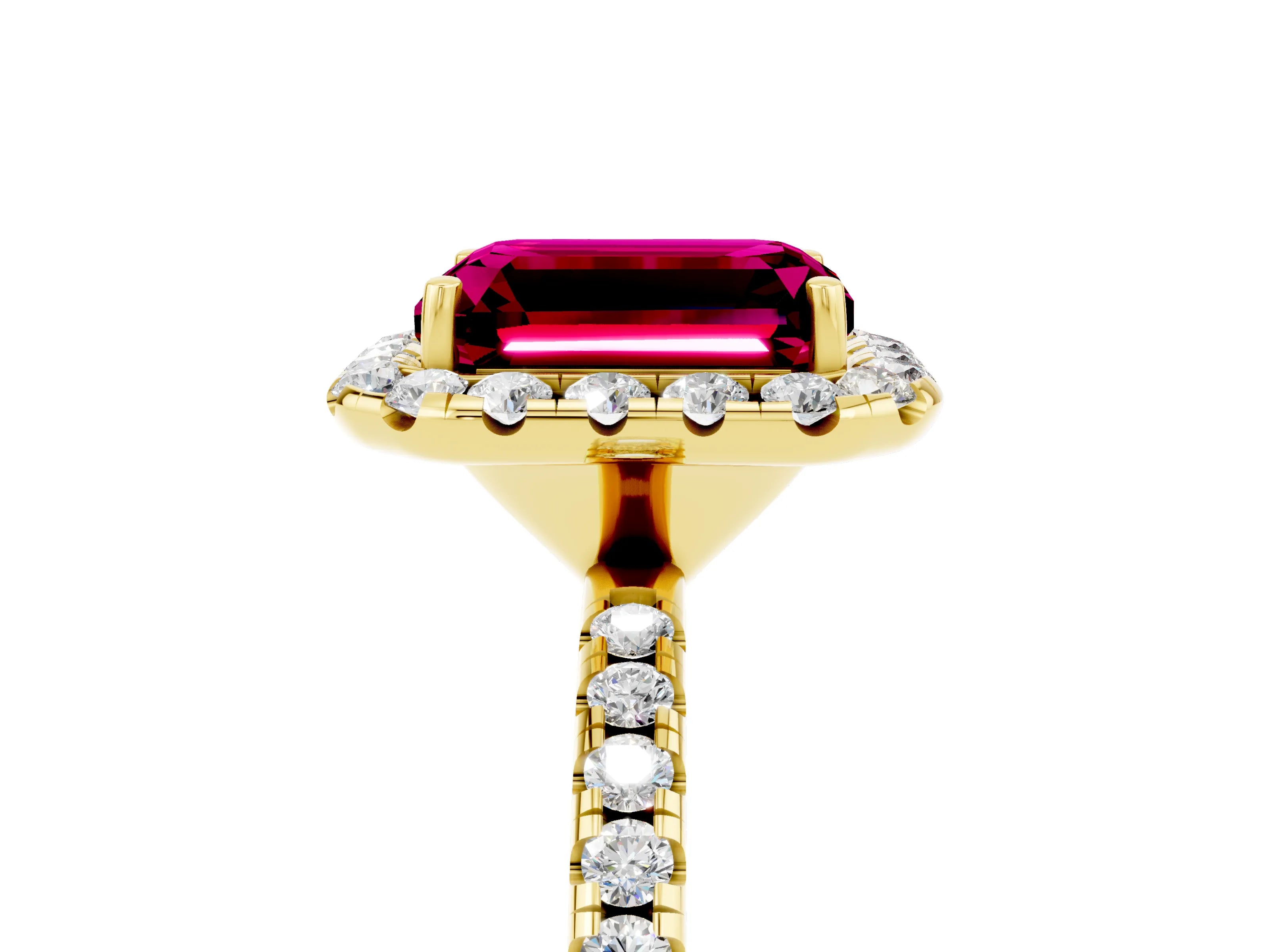 Yellow gold Emerald Cut Halo Round Diamond Pavé Band Four-Prong Ring_5