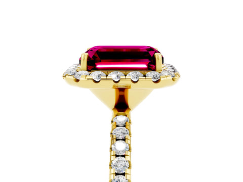 Yellow gold Emerald Cut Halo Round Diamond Pavé Band Four-Prong Ring_5