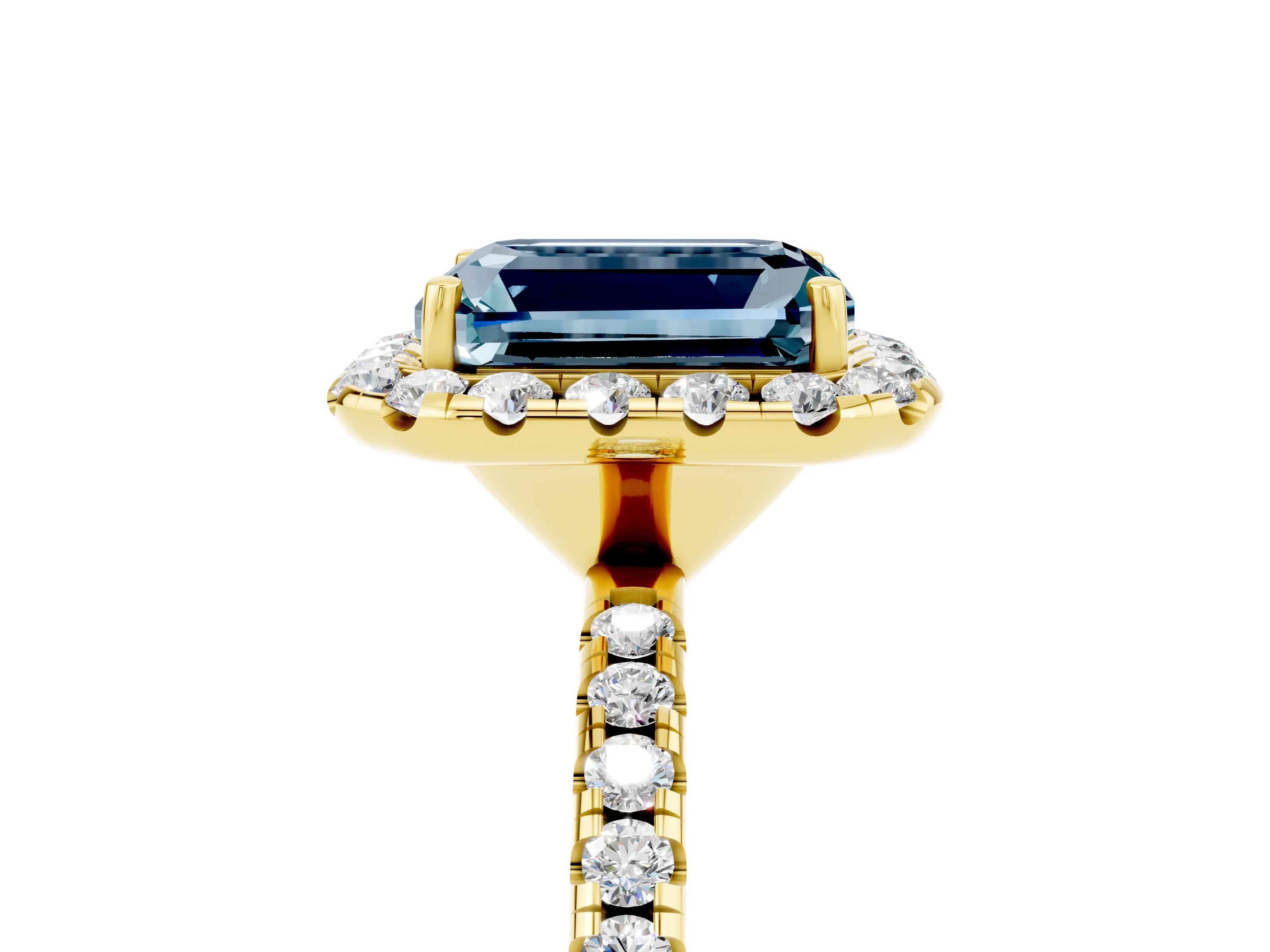 Yellow gold Emerald Cut Halo Round Diamond Pavé Band Four-Prong Ring_5