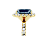 Yellow gold Emerald Cut Halo Round Diamond Pavé Band Four-Prong Ring_5