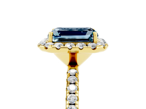 Yellow gold Emerald Cut Halo Round Diamond Pavé Band Four-Prong Ring_5