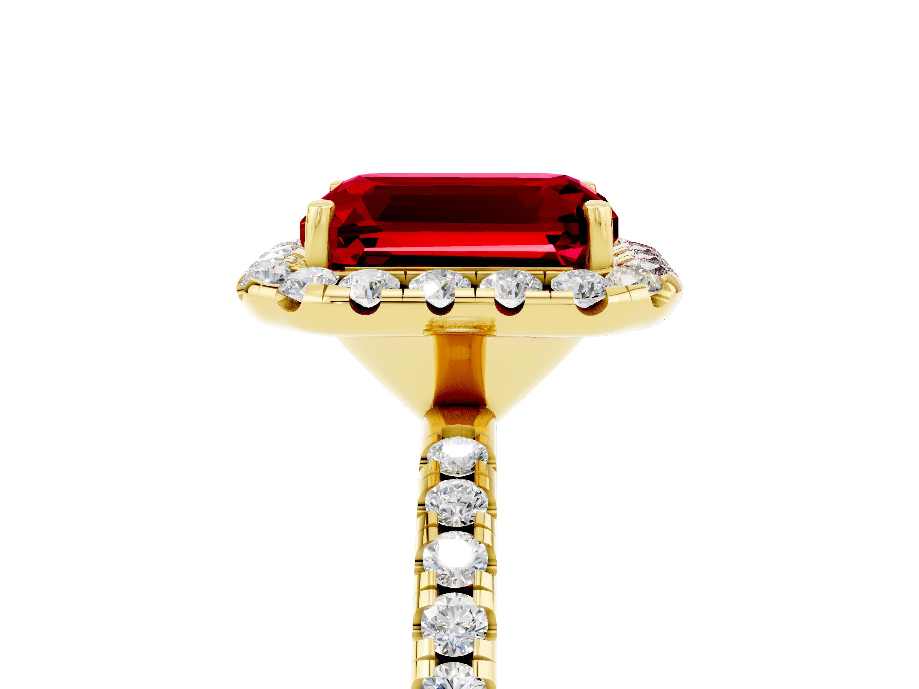 Yellow gold Emerald Cut Halo Round Diamond Pavé Band Four-Prong Ring_5