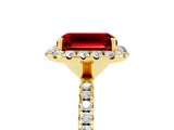 Yellow gold Emerald Cut Halo Round Diamond Pavé Band Four-Prong Ring_5
