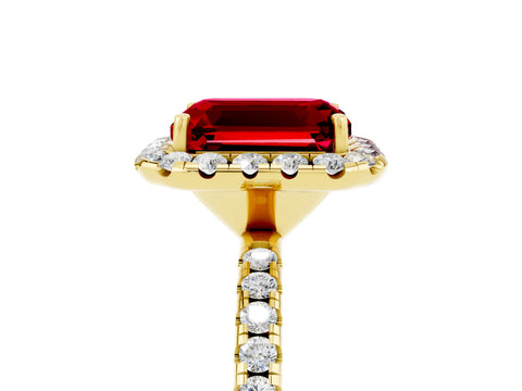 Yellow gold Emerald Cut Halo Round Diamond Pavé Band Four-Prong Ring_5