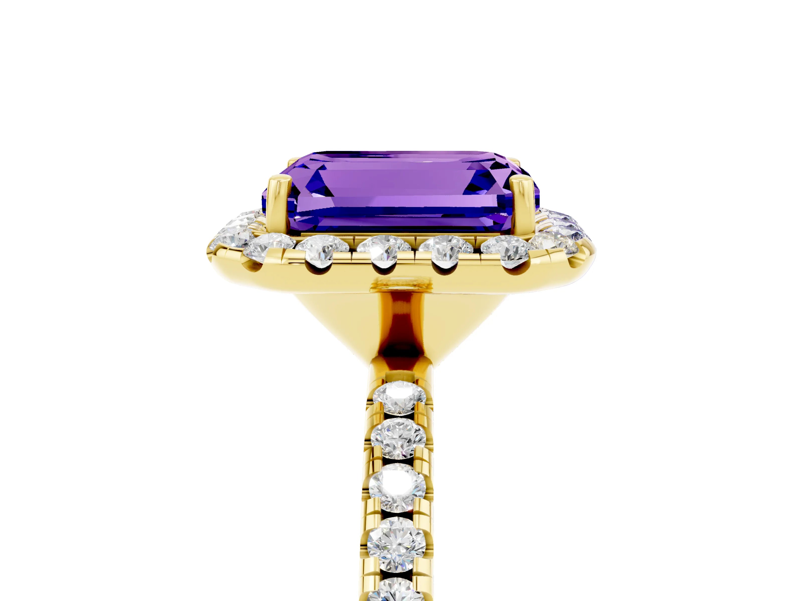 Yellow gold Emerald Cut Halo Round Diamond Pavé Band Four-Prong Ring_5