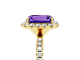 Yellow gold Emerald Cut Halo Round Diamond Pavé Band Four-Prong Ring_5