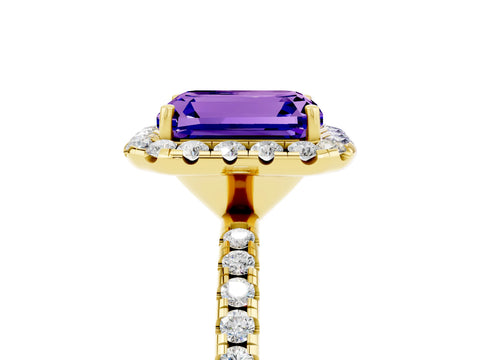 Yellow gold Emerald Cut Halo Round Diamond Pavé Band Four-Prong Ring_5