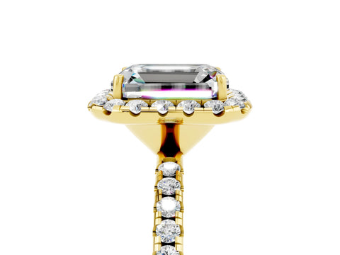 Yellow gold Emerald Cut Halo Round Diamond Pavé Band Four-Prong Ring_5