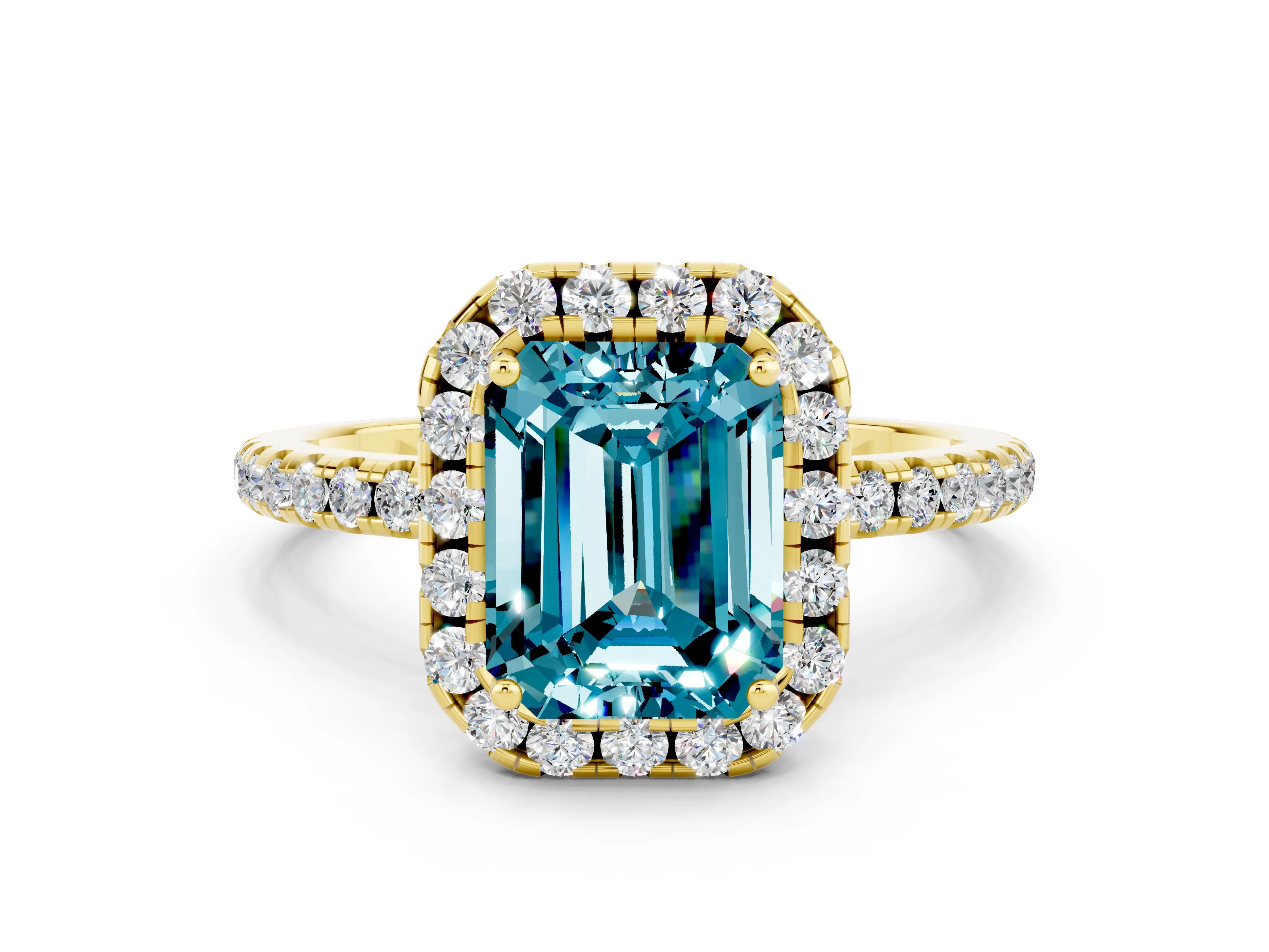 Yellow gold Emerald Cut Halo Round Diamond Pavé Band Four-Prong Ring