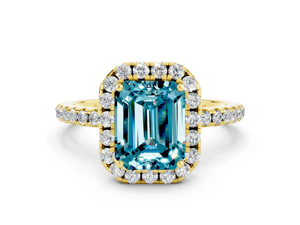 Yellow gold Emerald Cut Halo Round Diamond Pavé Band Four-Prong Ring