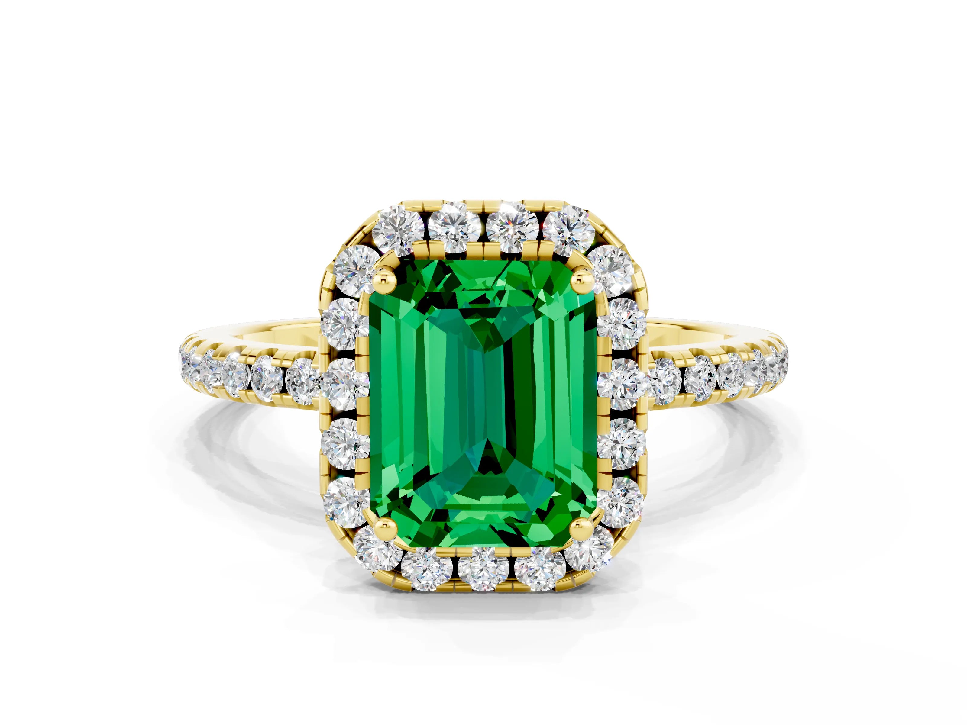 Yellow gold Emerald Cut Halo Round Diamond Pavé Band Four-Prong Ring