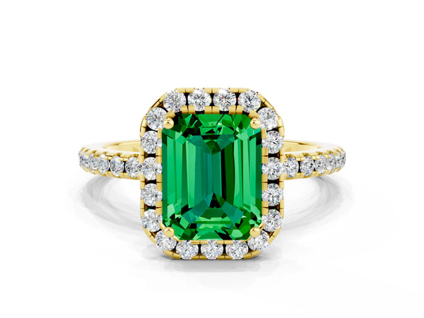 Yellow gold Emerald Cut Emerald Halo Ring with Round Pavé Band and Prong Setting