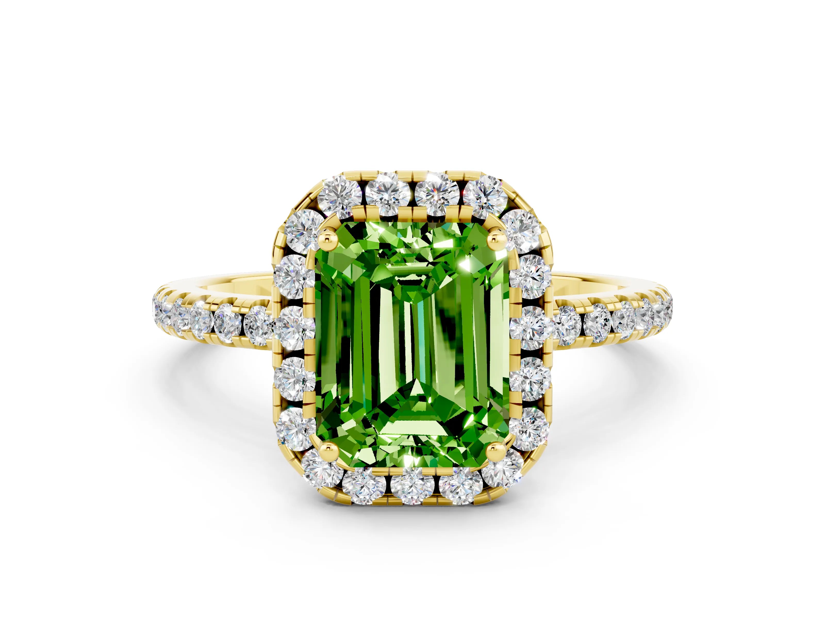 Yellow gold Emerald Cut Halo Round Diamond Pavé Band Four-Prong Ring