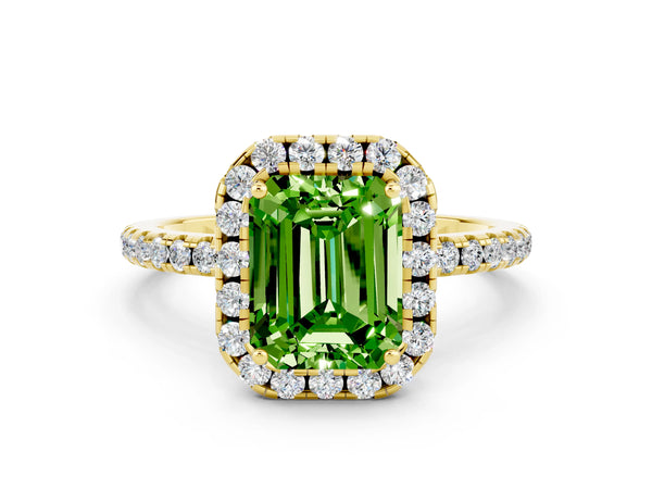 Yellow gold Emerald Cut Halo Round Diamond Pavé Band Four-Prong Ring