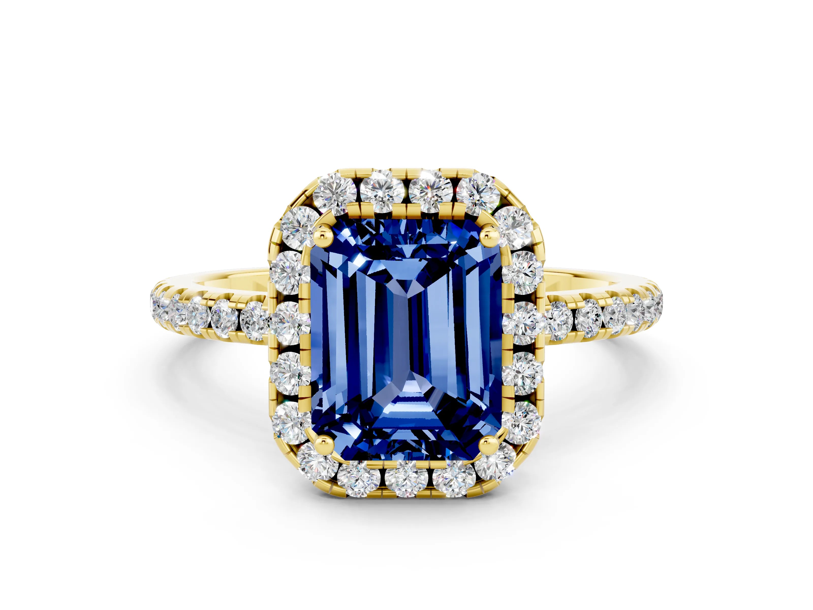 Yellow gold Emerald Cut Halo Round Diamond Pavé Band Four-Prong Ring